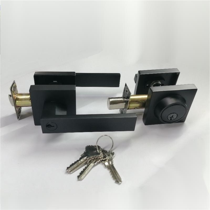 Vierkante ingangshendel met deadbolt set met enkele cilinder, op elkaar gekoppeld combo -deurslot, zware toegangsdeursloten, mat zwart 1 pack